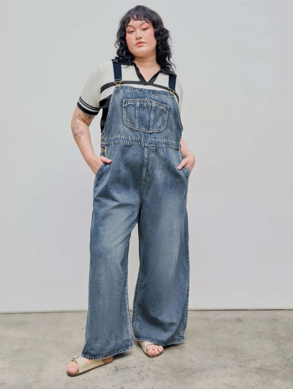 Denim Pocket Wide Leg Overalls - Cider Curve